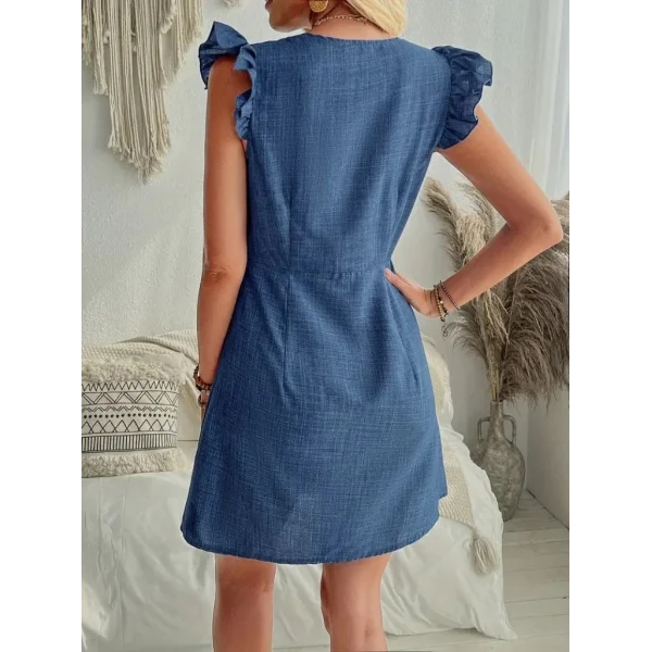 Kadın Fırfır Kollu V Yakalı Düğmeli Keten Elbise