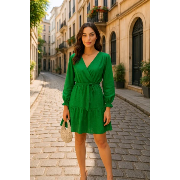 Kadın Fırsat ürünü Kruvaze Yaka Güpürlü Mini Elbise