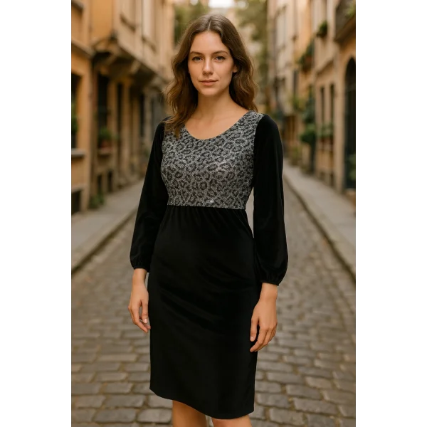 Kadın Fırsat ürünü Leopar Desen Pul Payet Işlemeli Midi Boy Kadife Kumaş Elbise