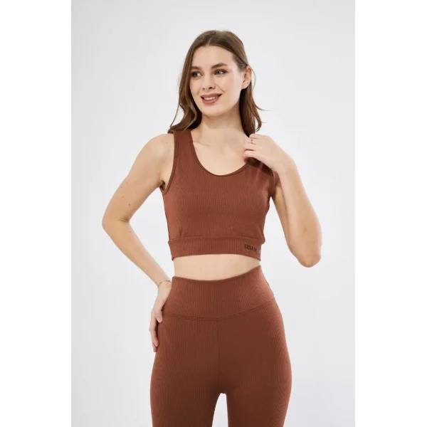 Kadın Fitilli Baskılı Crop - Kahve