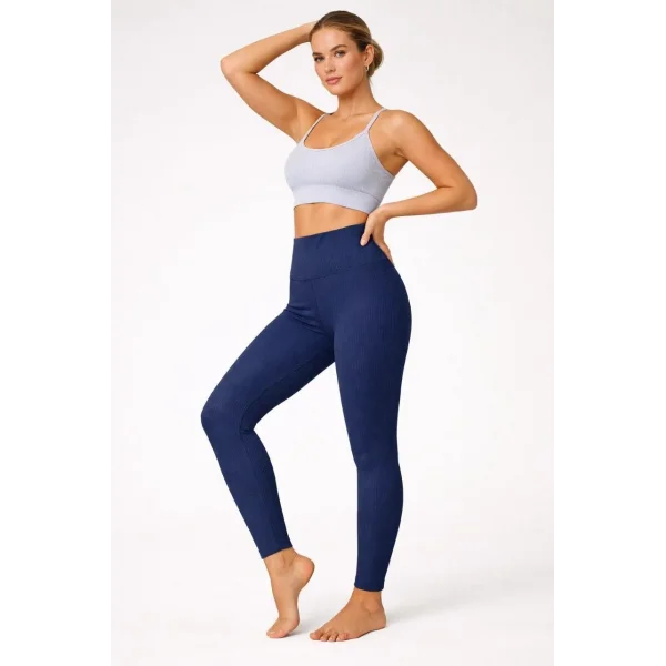 Kadın Fitilli Full Likralı Yüksek Bel Toparlayıcı Tayt Günlük ve Spor Kullanım - Lacivert