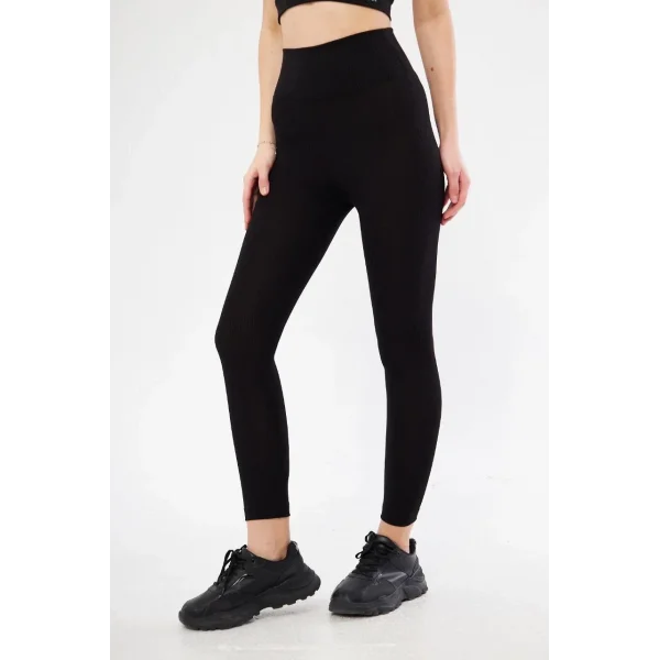 Kadın Fitilli Full Likralı Yüksek Bel Toparlayıcı Tayt Günlük ve Spor Kullanım - Siyah