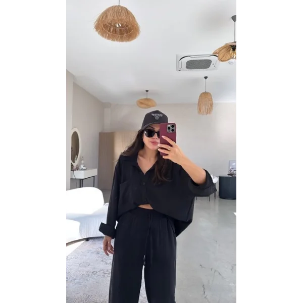 Kadın Flamlı Keten Tek Cep Oversızed Gömlek