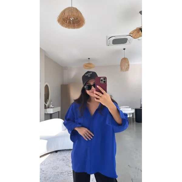 Kadın Flamlı Keten Tek Cep Oversızed Gömlek