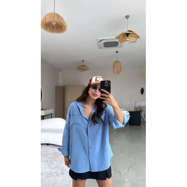 Kadın Flamlı Keten Tek Cep Oversızed Gömlek