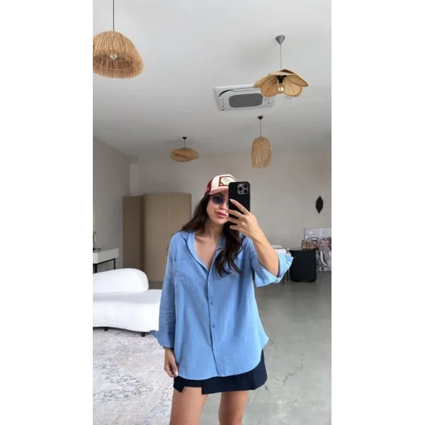 Kadın Flamlı Keten Tek Cep Oversızed Gömlek