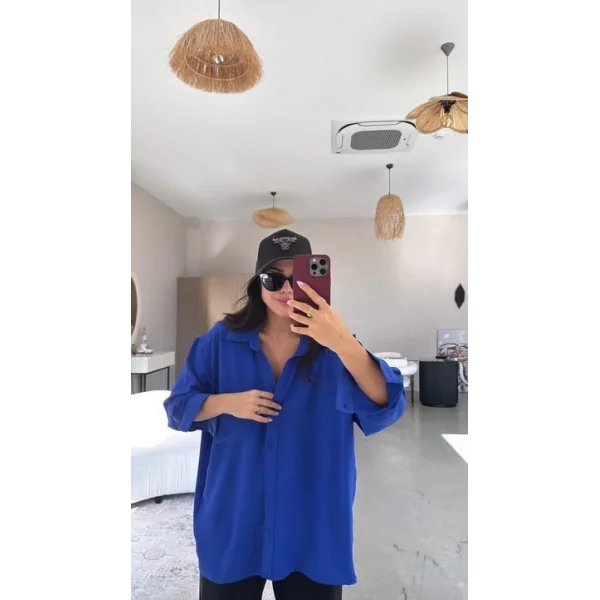 Kadın Flamlı Keten Tek Cep Oversızed Gömlek