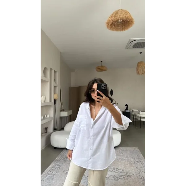 Kadın Flamlı Keten Tek Cep Oversızed Gömlek