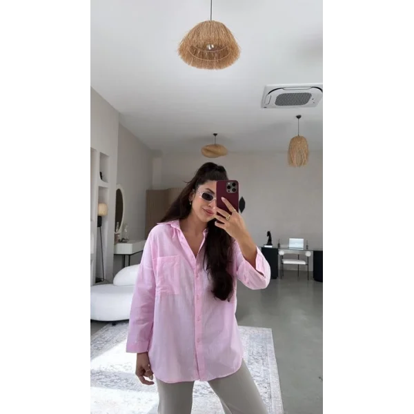 Kadın Flamlı Keten Tek Cep Oversızed Gömlek