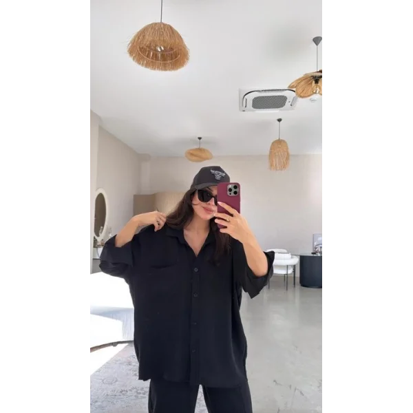 Kadın Flamlı Keten Tek Cep Oversızed Gömlek