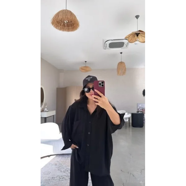 Kadın Flamlı Keten Tek Cep Oversızed Gömlek