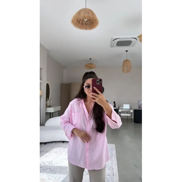 Kadın Flamlı Keten Tek Cep Oversızed Gömlek