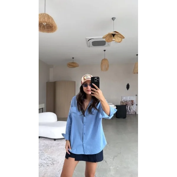 Kadın Flamlı Keten Tek Cep Oversızed Gömlek