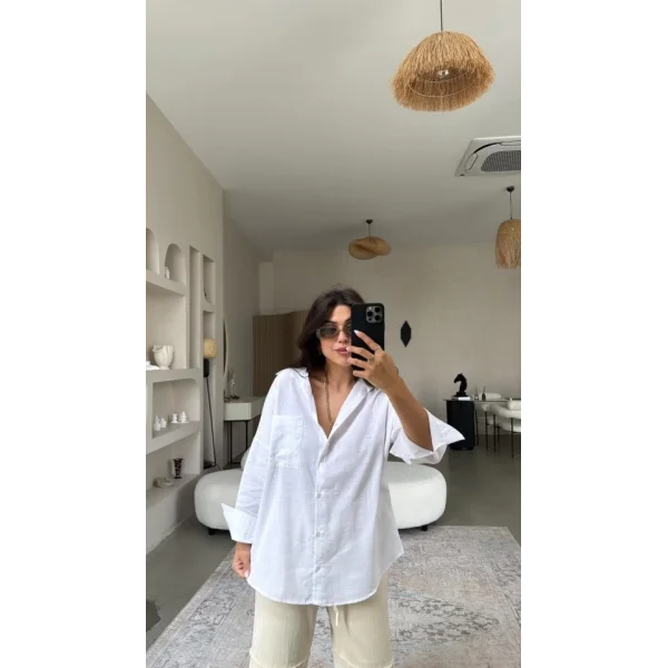 Kadın Flamlı Keten Tek Cep Oversızed Gömlek