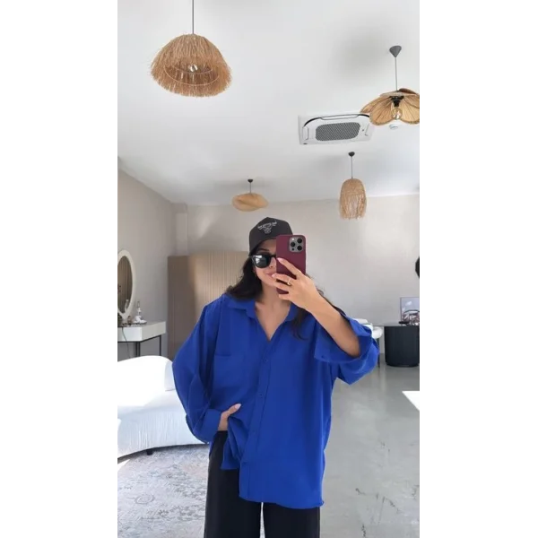 Kadın Flamlı Keten Tek Cep Oversızed Gömlek