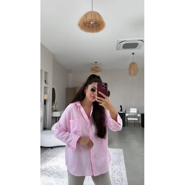 Kadın Flamlı Keten Tek Cep Oversızed Gömlek