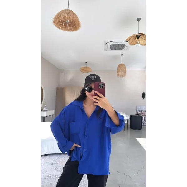 Kadın Flamlı Keten Tek Cep Oversızed Gömlek