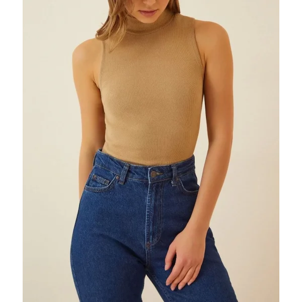 Kadın Full Likralı Fitilli Kaşkorse Body - Camel