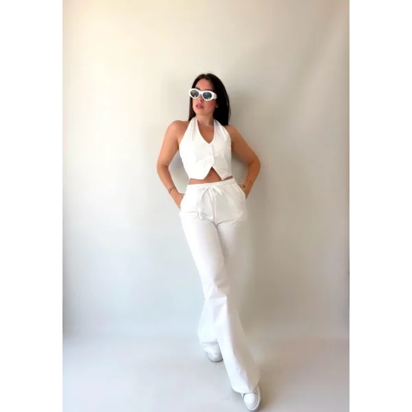 Kadın Gabardin Kumaş Boyundan Bağlamalı Yelek Bluz alaş Pantolon İkili Takım