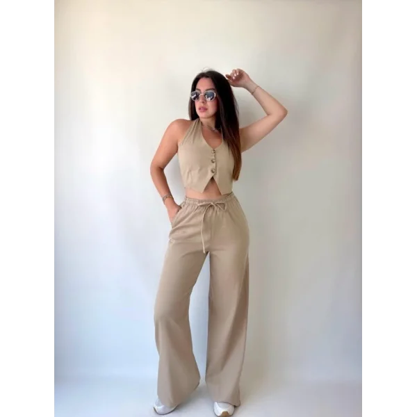 Kadın Gabardin Kumaş Boyundan Bağlamalı Yelek Bluz alaş Pantolon İkili Takım