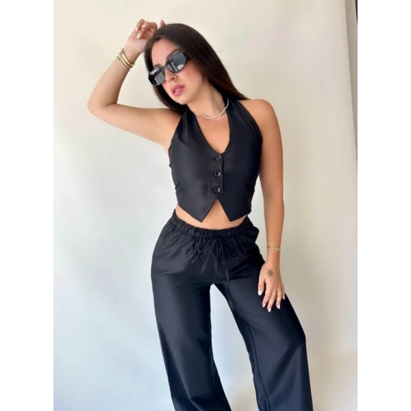 Kadın Gabardin Kumaş Boyundan Bağlamalı Yelek Bluz alaş Pantolon İkili Takım