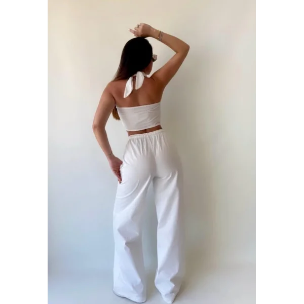 Kadın Gabardin Kumaş Boyundan Bağlamalı Yelek Bluz alaş Pantolon İkili Takım