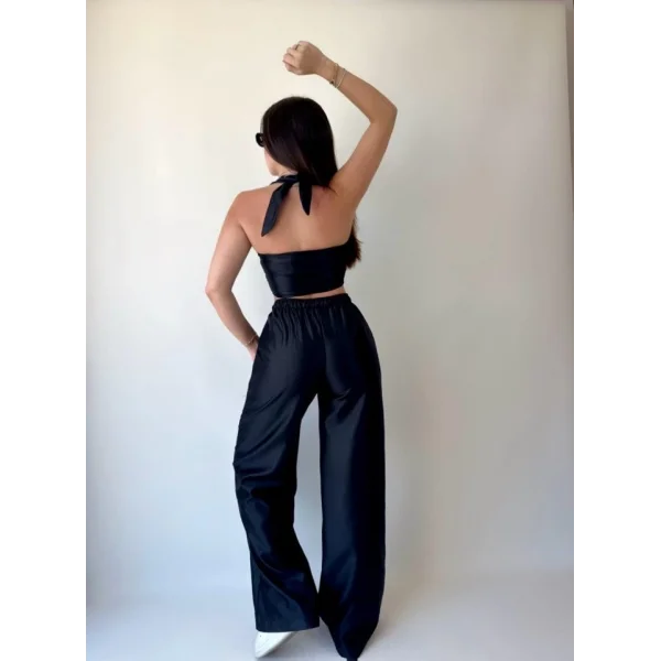 Kadın Gabardin Kumaş Boyundan Bağlamalı Yelek Bluz alaş Pantolon İkili Takım