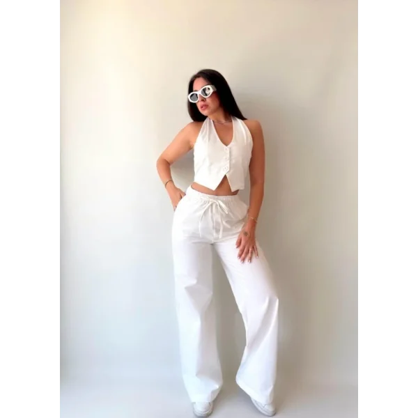 Kadın Gabardin Kumaş Boyundan Bağlamalı Yelek Bluz alaş Pantolon İkili Takım