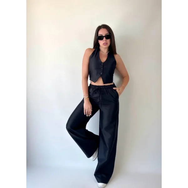 Kadın Gabardin Kumaş Boyundan Bağlamalı Yelek Bluz alaş Pantolon İkili Takım