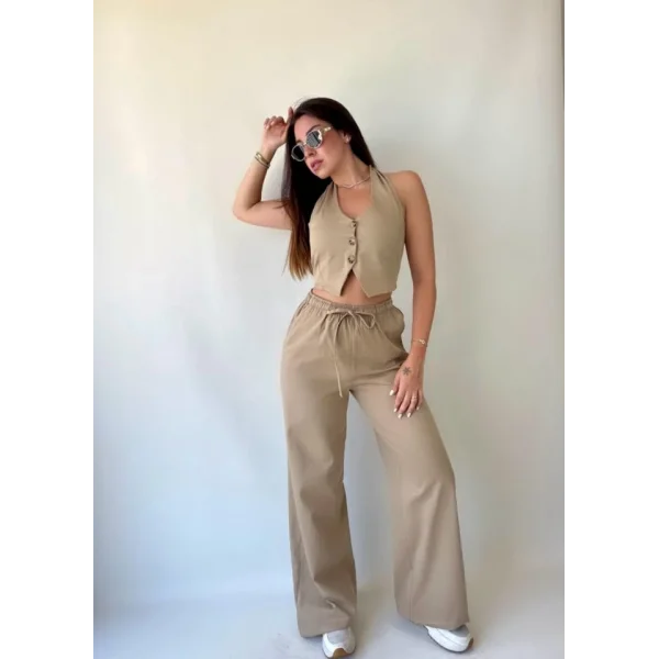 Kadın Gabardin Kumaş Boyundan Bağlamalı Yelek Bluz alaş Pantolon İkili Takım