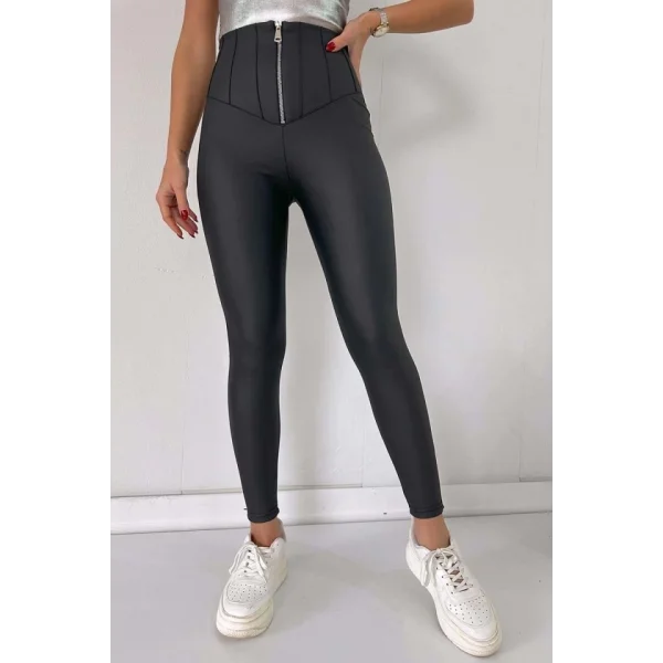 Kadın Geniş Fermuarlı Toparlayıcı Yüksek Bel Içi şardonlu Deri Tayt