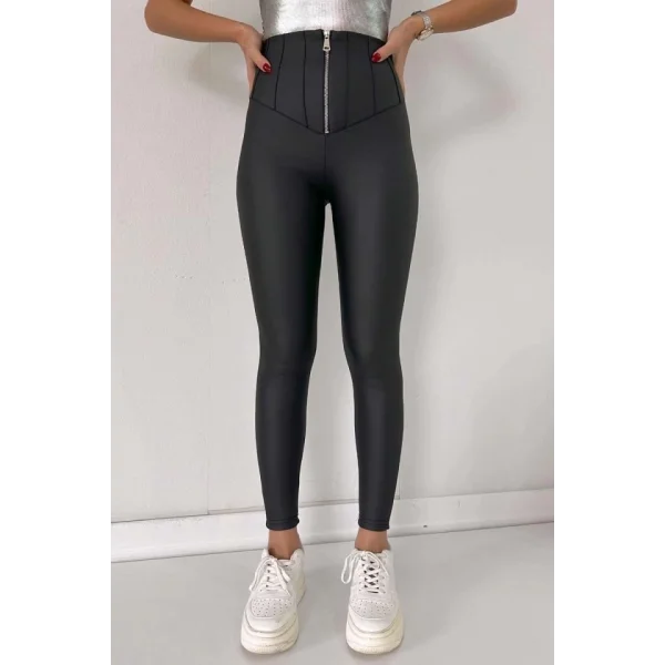 Kadın Geniş Fermuarlı Toparlayıcı Yüksek Bel Içi şardonlu Deri Tayt