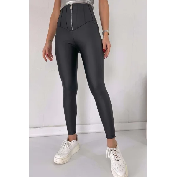 Kadın Geniş Fermuarlı Toparlayıcı Yüksek Bel Içi şardonlu Deri Tayt