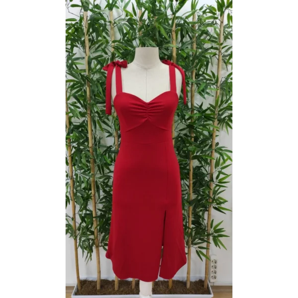 Kadın Göğüs Büzgü Detay Askıları Bağlamalı Yırtmaçlı Krep Elbise