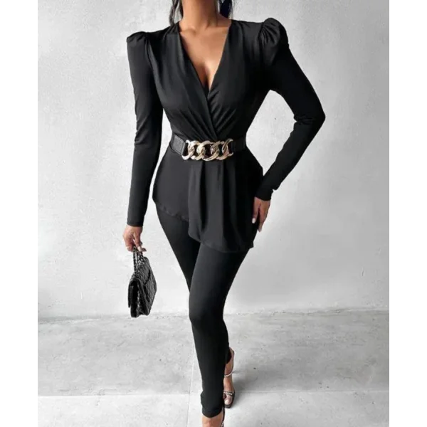 Kadın Göğüs Dekolteli Kemer Detaylı Asimetrik Kesim Tunik Ve Pantolon Fırsat ürün Ikili Takım