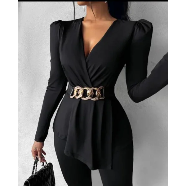 Kadın Göğüs Dekolteli Kemer Detaylı Asimetrik Kesim Tunik Ve Pantolon Fırsat ürün Ikili Takım