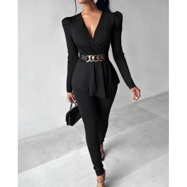 Kadın Göğüs Dekolteli Kemer Detaylı Asimetrik Kesim Tunik Ve Pantolon Fırsat ürün Ikili Takım