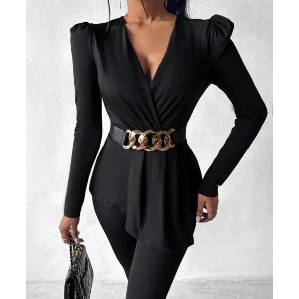 Kadın Göğüs Dekolteli Kemer Detaylı Asimetrik Kesim Tunik Ve Pantolon Fırsat ürün Ikili Takım