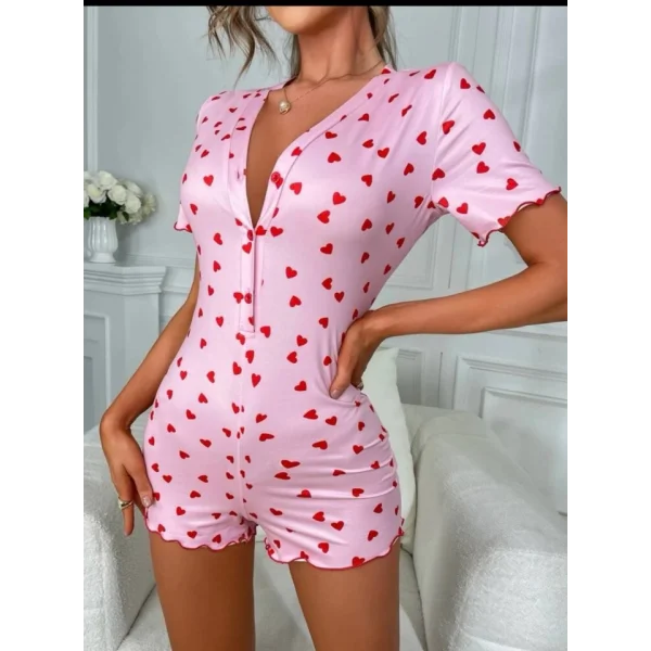 Kadın Göğüs Dekolteli Pinterest Kalp Desen Full ikralı şort Tulum