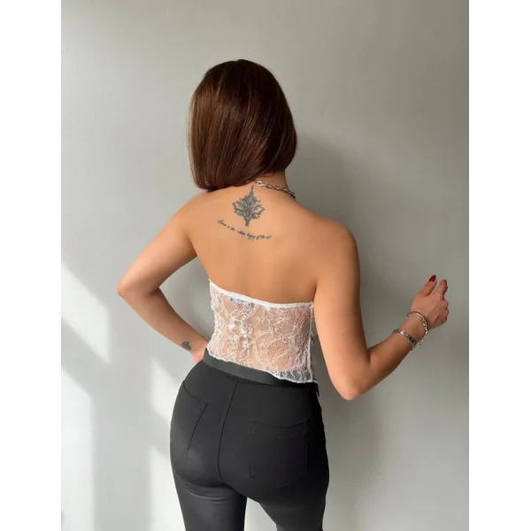 Kadın Göğüs Ve Sırt Dekolteli Transparan Dantel Detay Bluz