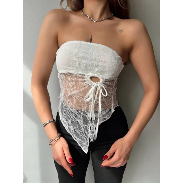 Kadın Göğüs Ve Sırt Dekolteli Transparan Dantel Detay Bluz