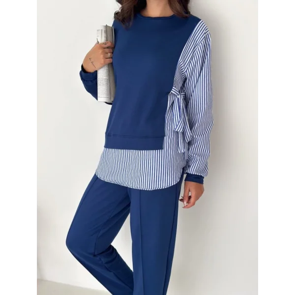 Kadın Gömlek çizgili Yandan Bağlamalı Ikili Takım
