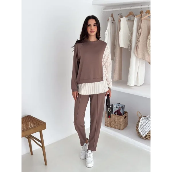 Kadın Gömlek Detay çizgili Yandan Bağlamalı Ikili Takım