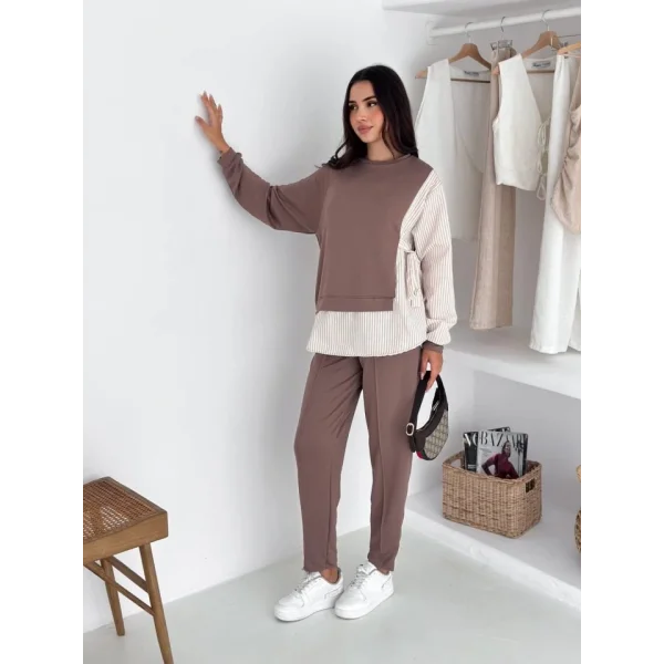 Kadın Gömlek Detay çizgili Yandan Bağlamalı Ikili Takım