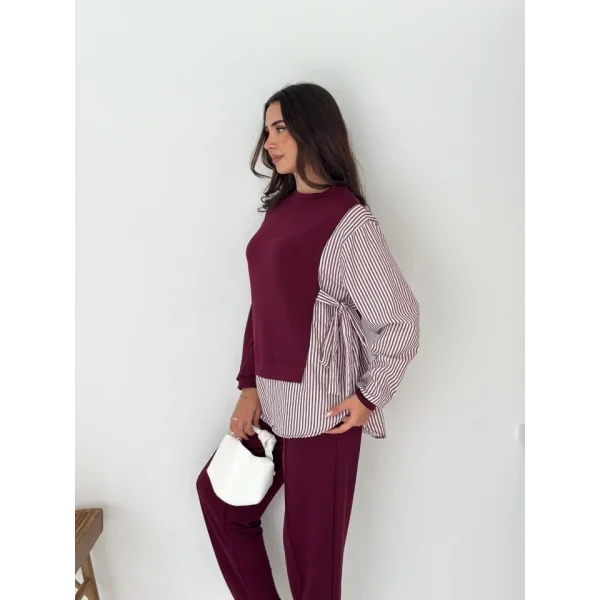 Kadın Gömlek Detay çizgili Yandan Bağlamalı Ikili Takım