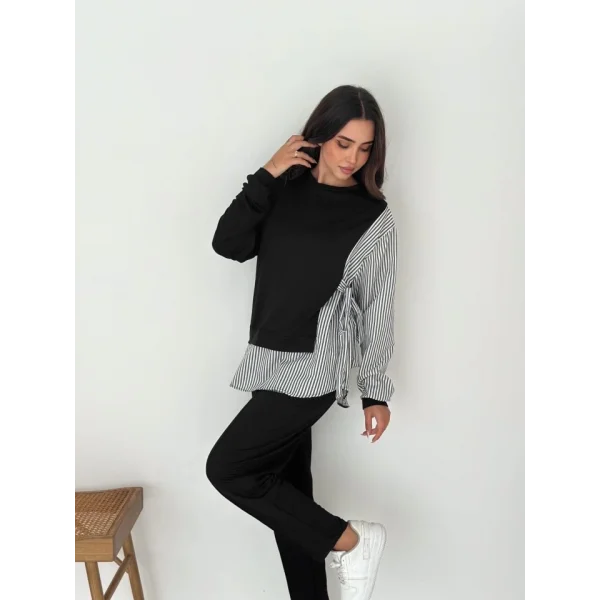 Kadın Gömlek Detay çizgili Yandan Bağlamalı Ikili Takım