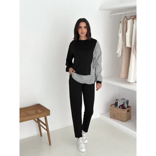 Kadın Gömlek Detay çizgili Yandan Bağlamalı Ikili Takım