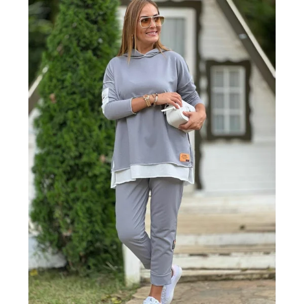 Kadın Gri Kapşonlu Etek Ucu Detay Arma Ters Dikiş Gorunumlu Ikili Takım