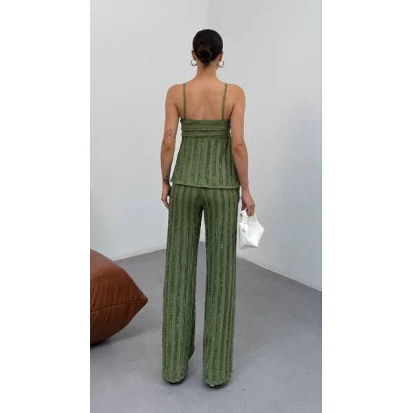 Kadın Haki Dokulu Askılı Üst Ve Bol Paça Pantolon 2’li Takım