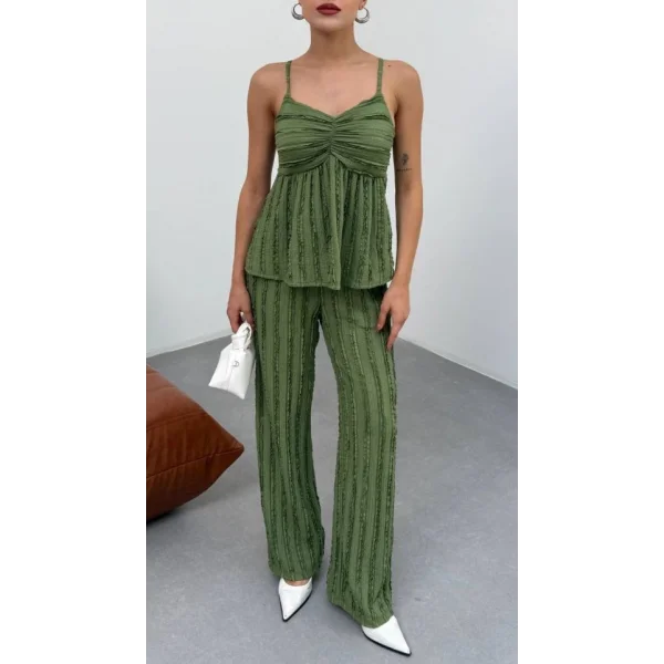 Kadın Haki Dokulu Askılı Üst Ve Bol Paça Pantolon 2’li Takım